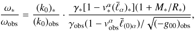 Mathematical equation: \begin{equation} \label{1.8} \frac{{\omega}_*}{\omega_{\rm obs}}=\frac{(k_0)_*}{(k_0)_{\rm obs}}\cdot \frac{\gamma_*[1-v_*^\alpha(\bar\ell_{\alpha})_*](1+M_*/R_*)}{\gamma_{\rm obs}(1-v_{\rm obs}^\alpha\bar\ell_{(0)\alpha})/\sqrt{(-g_{00})_{\rm obs}}}, \end{equation}