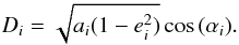 Mathematical equation: \begin{eqnarray} D_i=\sqrt{a_i(1-e_i^2)} \cos{(\alpha_i)}. \label{zang} \end{eqnarray}