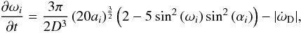 Mathematical equation: \begin{eqnarray} \frac{\partial\omega_i}{\partial t}=\frac{3 \pi}{2 D^3} \left(20 a_i \right)^\frac{3}{2} \left(2-5 \sin^2{(\omega_i)} \sin^2{(\alpha_i)}\right)-|\dot{\omega}_{\rm D}|, \label{domegadt} \end{eqnarray}