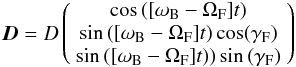 Mathematical equation: \begin{eqnarray} \vec{D}=D\left(\begin{array}{c}\cos{([\omega_{\rm B}-\Omega_{\rm F}]t)}\\ \sin{([\omega_{\rm B} - \Omega_{\rm F}]t)} \cos(\gamma_{\rm F})\\ \sin{([\omega_{\rm B}-\Omega_{\rm F}]t))} \sin{(\gamma_{\rm F})} \end{array} \right) \end{eqnarray}