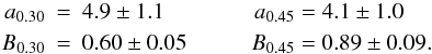 Mathematical equation: \begin{eqnarray*} a_{0.30} &=& 4.9\pm 1.1 \hskip 1.4 cm a_{0.45} = 4.1\pm 1.0 \nonumber \\ B_{0.30} &=& 0.60 \pm 0.05 \hskip 1cm B_{0.45} = 0.89 \pm 0.09. \nonumber \end{eqnarray*}