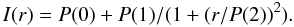 Mathematical equation: $$I(r)= P(0) + P(1)/(1+(r/P(2))^2). $$