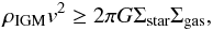 Mathematical equation: \begin{equation} \rho_{\rm IGM} v^2 \geq 2 \pi G \Sigma_{\rm star} \Sigma_{\rm gas} , \end{equation}