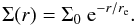 Mathematical equation: \begin{equation} \Sigma(r)=\Sigma_0\ {\rm e}^{-r/r_{\rm e}}. \end{equation}