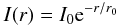 Mathematical equation: \begin{equation} I(r)=I_0 {\rm e}^{-r/r_0} \end{equation}