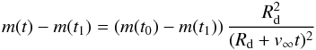 Mathematical equation: \begin{equation} m(t) - m(t_1) = \left( m(t_0)-m(t_1) \right)\frac{R_{\rm d}^2}{(R_{\rm d}+v_\infty t)^2} \label{eqn:dust} \end{equation}