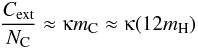 Mathematical equation: \begin{equation} \frac{C_{\rm ext}}{N_{\rm C}} \approx \kappaup m_{\rm C} \approx \kappaup (12m_{\rm H}) \end{equation}