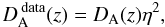 Mathematical equation: \begin{equation} D^{\: \rm data}_{\rm A}(z)=D_{\rm A}(z)\eta^{2}, \label{4} \end{equation}
