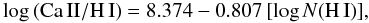 Mathematical equation: \begin{equation} {\rm log\,(Ca\,II/H\,I)}=8.374-0.807\,[{\rm log}\,N({\rm H\,I})], \end{equation}