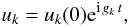 Mathematical equation: \begin{equation} u_k = u_k(0) \mathrm{e}^{\mathrm{i} \,g_k\, t} , \end{equation}