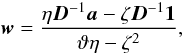 Mathematical equation: \begin{equation} \label{eq:solutionw} \wb = \frac{\eta \Db^{-1} \ab - \zeta \Db^{-1} \oneb}{\vartheta \eta - \zeta^2}, \end{equation}