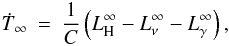 Mathematical equation: \begin{eqnarray} \label{eq:evolucion_Ti} \dot{T}_\infty & =& \frac{1}{C} \left( L_{\rm H}^{\infty}-L_\nu^\infty - L_\gamma^\infty\right), \end{eqnarray}