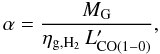 Mathematical equation: \begin{equation} \label{EQ:METALL} \alpha = \frac{ M_{\mathrm{G}} }{\eta_{\mathrm{g,H_{\mathrm{2}}}} \, L'_{\mathrm{CO(1- 0)}}} , \end{equation}
