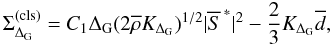 Mathematical equation: \begin{equation} \label{eq:flux_eddy_visc} \Sigma_{\Delta_{\mathrm{G}}}^{(\rm cls)} = C_{1}\Delta_{\rm G}(2\overline{\rho}K_{\Delta_{\rm G}})^{1/2} |\overline{S}^{\,\ast}|^{2}-\frac{2}{3}K_{\Delta_{\rm G}}\overline{d}, \end{equation}