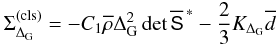 Mathematical equation: \begin{equation} \label{eq:flux_det} \Sigma_{\Delta_{\mathrm{G}}}^{(\rm cls)} = -C_{1}\overline{\rho}\Delta_{\mathrm{G}}^{2}\det\overline{\tens{S}}^{\,\ast} -\frac{2}{3}K_{\Delta_{\rm G}}\overline{d} \end{equation}