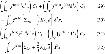 Mathematical equation: \begin{eqnarray} \label{eq:coeff_lse_2} &\left(\int_{\mathcal{V}} |f^{(\rm cls)}|^2\dd^{3}x\right)\,C_1 + \left(\int_{\mathcal{V}} f^{(\rm cls)}g^{(\rm cls)}\dd^{3}x\right)\,C_2\\ &=\int_{\mathcal{V}} f^{(\rm cls)}\left[\Sigma_{\Delta_{\mathrm{G}}}+\frac{2}{3}K_{\Delta_{\rm G}}\overline{d}\right]\,\dd^{3}x, \\ &\left(\int_{\mathcal{V}}f^{(\rm cls)}g^{(\rm cls)} \dd^{3}x\right)\,C_1 + \left(\int_{\mathcal{V}} |g^{(\rm cls)}|^{2}\dd^{3}x\right)\,C_{2} \\ &=\int_{\mathcal{V}} g^{(\rm cls)}\left[\Sigma_{\Delta_{\mathrm{G}}}+\frac{2}{3}K_{\Delta_{\rm G}}\overline{d}\right]\,\dd^{3}x, \end{eqnarray}