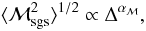 Mathematical equation: \begin{equation} \langle\mathcal{M}_{\rm sgs}^2\rangle^{1/2} \propto \Delta^{\alpha_{\mathcal{M}}}, \end{equation}