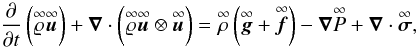 Mathematical equation: \begin{equation} \label{eq:momt} \frac{\partial}{\partial t}\left(\ideal{\varrho}\ideal{\vec{u}}\right) + \vec{\nabla}\cdot\left(\ideal{\varrho}\ideal{\vec{u}}\otimes\ideal{\vec{u}}\right) = \ideal{\rho}\left(\ideal{\vect{g}} + \ideal{\vect{f}}\right) -\vec{\nabla}\ideal{P} + \vec{\nabla}\cdot\ideal{\boldsymbol{\sigma}}, \end{equation}
