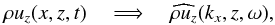 Mathematical equation: \begin{eqnarray*} \rho u_z(x, z, t) \quad\Longrightarrow\quad \widehat{\rho u_z}(k_x, z, \omega), \end{eqnarray*}