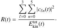Mathematical equation: \begin{equation} R(t) = \frac{\disp\sum_{\ell = 0}^{3}\sum_{n = 0}^{5} | c_{\ell n}(t)|^2}{E_{\text{kin}}^{\text{tot}}(t) }\cdot \label{eq:acousratio} \end{equation}
