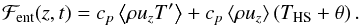 Mathematical equation: \begin{equation} \Fh(z,t) = c_p \left\langle \rho u_z T' \right\rangle + c_p\left\langle \rho u_z\right\rangle\left(T_{\text{HS}}+\theta\right). \end{equation}