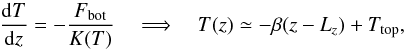 Mathematical equation: \begin{equation} \dfrac{{\rm d}T}{{\rm d}z} = -\dfrac{\Fbot}{K(T)} \quad\Longrightarrow\quad T(z) \simeq -\beta(z-L_z) + \Ttop, \end{equation}
