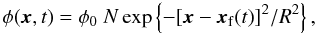 Mathematical equation: \begin{equation} \phi(\xx,t)=\phi_0\ N\exp\left\{-[\xx-\xx_{\rm f}(t)]^2/R^2\right\}, \end{equation}