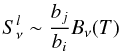 Mathematical equation: \begin{equation} \centering S^l_\nu \sim \frac{b_j}{b_i} B_\nu(T) \label{snon-LTE} \end{equation}