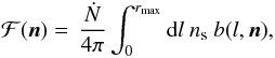 Mathematical equation: \begin{equation} \mathcal{F}({\vec n}) = \,\frac{\dot{N}}{4\pi} \int_{0} ^{ r_{\rm max}} {\rm d} l\ n_{\rm s}\ b(l,{\vec n}) , \label{eq:flux} \end{equation}
