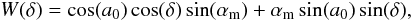 Mathematical equation: $$ W(\delta) = \cos(a_0)\cos(\delta)\sin(\alpha_{\rm m}) + \alpha_{\rm m} \sin(a_0)\sin(\delta), $$