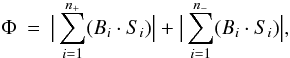 Mathematical equation: \begin{eqnarray} \Phi & = & \big|\sum_{i=1}^{n_{+}}(B_{i} \cdot S_{i})\big| + \big|\sum_{i=1}^{n_{-}}(B_{i} \cdot S_{i})\big|, \end{eqnarray}
