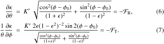 Mathematical equation: \begin{eqnarray} {\partial\kappa\over\partial\theta}&=&K'\;\sqrt{{\cos^2(\phi-\phi_0)\over (1+\eps)^2} +{\sin^2(\phi-\phi_0)\over (1-\eps)^2}}=-{\cal F}_{\rm R}, \\ {1\over\theta}{\partial\kappa\over\partial \phi}&=& {K'\;2\eps(1-\eps^2)^{-2}\sin2(\phi-\phi_0)\over \sqrt{{\cos^2(\phi-\phi_0)\over (1+\eps)^2} +{\sin^2(\phi-\phi_0)\over (1-\eps)^2}}}=-{\cal F}_{\rm T}. \end{eqnarray}