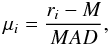 Mathematical equation: \begin{equation} \mu_i={r_i-M \over MAD}, \end{equation}