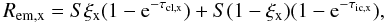 Mathematical equation: \begin{equation} R_{\rm em,x} = S \xi_{\rm x} (1 - {\rm e}^{-\tau_{\rm cl,x}}) + S(1-\xi_{\rm x})(1 - {\rm e}^{ -\tau_{\rm ic,x}}), \label{Eq:reem_pap} \end{equation}