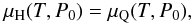 Mathematical equation: \begin{equation} \mu_{\rm H}(T, P_0) = \mu_{\rm Q}(T, P_0) , \label{eq:eq1b} \end{equation}