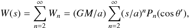 Mathematical equation: \begin{equation} W(s)=\sum^\infty_{n=2}W_n=(GM/a)\sum^\infty_{n=2}(s/a)^nP_n(\cos\theta'), \label{eq:tidalpotential} \end{equation}