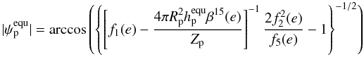 Mathematical equation: \begin{equation} \label{equ:tilt_LEC} |\psi_\mathrm{p}^{\mathrm{equ}}| = \arccos\left(\left\{ \left[\displaystyle f_1(e) - \frac{\displaystyle 4 \pi R_\mathrm{p}^2 h_\mathrm{p}^\mathrm{equ} \beta^{15}(e)}{\displaystyle Z_\mathrm{p}} \right]^{-1}\frac{\displaystyle 2 f_2^2(e)}{\displaystyle f_5(e)}-1 \right\}^{-1/2} \right) \end{equation}