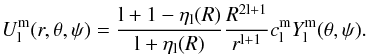 Mathematical equation: \appendix \setcounter{section}{1} \begin{eqnarray} \label{extpot} U_\l^\m(r,\theta,\psi)=\frac{\l+1-\eta_\l(R)}{\l+\eta_\l(R)}\frac{R^{2\l+1}}{r^{\l+1}}c_\l^\m Y_\l^\m (\theta,\psi). \end{eqnarray}
