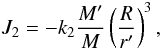 Mathematical equation: \appendix \setcounter{section}{1} \begin{eqnarray} \label{J2tides} J_2=-k_2\frac{ M'}{M}\left(\frac{R}{r'}\right)^3, \end{eqnarray}
