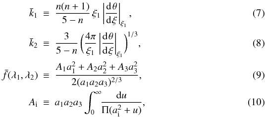 Mathematical equation: \begin{eqnarray} \label{k1} \bar{k}_1 &\equiv&\frac{n(n+1)}{5-n}\,\xi_1\left|\dd{\,\theta}{\,\xi}\right|_{\xi_1}, \\ \label{k2} \bar{k}_2&\equiv&\frac{3}{5-n}\,\biggl(\frac{4 \pi }{\xi_1} \left|\dd{\,\theta}{\,\xi}\right|_{\xi_1}\biggr)^{1/3}, \\ \label{fbar} \bar{f}(\lambda_1,\lambda_2)&\equiv& \frac{A_1a_1^2+A_2a_2^2+A_3a_3^2}{2 (a_1a_2a_3)^{2/3}}, \\ \label{Ai} A_\i&\equiv& a_1a_2a_3\int_0^{\infty}\!\!\frac{{\rm d}u }{\Pi (a_\mathrm{i}^2+u)}, \end{eqnarray}