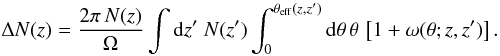 Mathematical equation: \begin{equation} \Delta N(z) = \frac{2\pi\,N(z)}{\Omega}\int \mathrm{d} z'\; N(z') \int_0^{\theta_{\rm eff}(z,z')}\mathrm{d}\theta\,\theta\,\left[1+\omega(\theta; z, z' )\right]. \end{equation}