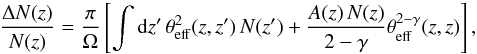 Mathematical equation: \begin{equation} \label{eq:zdistratio} \frac{\Delta N(z)}{N(z)} = \frac{\pi}{\Omega}\left[ \int\mathrm{d} z'\,\theta_{\rm eff}^2(z,z')\,N(z') + \frac{A(z)\,N(z)}{2-\gamma} \theta_{\rm eff}^{2-\gamma}(z,z) \right], \end{equation}