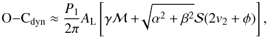Mathematical equation: \begin{equation} {\rm O}{-}{\rm C}_\mathrm{dyn}\approx\frac{P_1}{2\pi}A_\mathrm{L}\left[\gamma{\cal{M}}+\!\!\sqrt{\alpha^2+\beta^2}{\cal{S}}(2v_2+\phi)\right], \label{eq:OminCdyntomor} \end{equation}