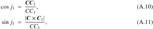 Mathematical equation: \appendix \setcounter{section}{1} \begin{eqnarray} \cos j_1&=&\frac{\vec{C}\vec{C}_1}{CC_1}, \\ \sin j_1&=&\frac{|\vec{C}\times\vec{C}_1|}{CC_1}, \end{eqnarray}