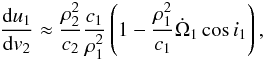 Mathematical equation: \begin{equation} \frac{\mathrm{d}u_1}{\mathrm{d}v_2} \approx \frac{\rho_2^2}{c_2}\frac{c_1}{\rho_1^2}\left(1-\frac{\rho_1^2}{c_1}\dot\Omega_1\cos i_1\right),\vspace{-2mm} \end{equation}