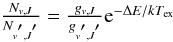 Mathematical equation: \appendix \setcounter{section}{3} \begin{equation} \begin{array}{l} \frac{ N_{v,J}} {N_{v\arcmin,J\arcmin }} = \frac{ g_{v,J}} {g_{v\arcmin,J\arcmin }} {\rm e}^{-\Delta E/kT_{\rm ex} } \end{array} \end{equation}