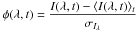 Mathematical equation: \hbox{$ \phi(\lambda,t)= \displaystyle \frac{I(\lambda, t)- \langle {I(\lambda,t)}\rangle_t}{\sigma_{I_\lambda}} $}