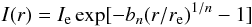 Mathematical equation: \begin{equation} I(r) = I_{\rm e}\, {\rm exp} [-b_n(r/r_{\rm e})^{1/n}-1] \end{equation}