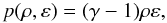 Mathematical equation: \begin{equation} p(\rho,\varepsilon)=(\gamma-1)\rho\varepsilon, \end{equation}
