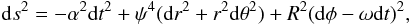 Mathematical equation: \begin{equation} {\rm d}s^2 = -\alpha^2{\rm d}t^2+\psi^4 ({\rm d}r^2+r^2{\rm d}\theta^2) + R^2({\rm d}\phi -\omega {\rm d}t)^2, \label{eq:qisotropic} \end{equation}